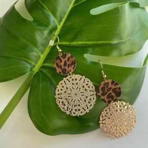 Leather & Gold Earrings, Gold Medalion Earrings, Cheetah Leather Earrings